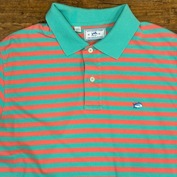 Southern Tide The Skipjack Green Pink Striped Casual Preppy Polo Shirt Men's M‎ - Picture 1 of 9